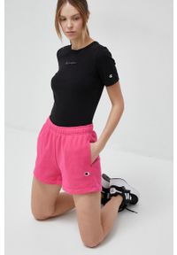 Champion szorty damskie kolor różowy gładkie high waist. Stan: podwyższony. Kolor: różowy. Materiał: materiał, dzianina. Wzór: gładki