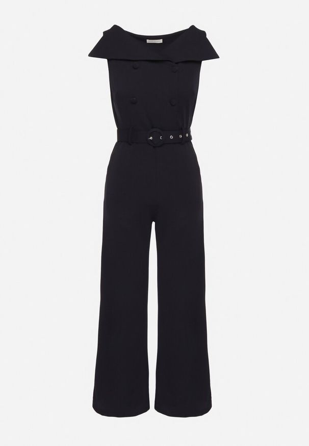 Born2be - Granatowy Kombinezon z Wywijanym Dekoltem w Łódkę i Paskiem z Klamrą Galithiela. Okazja: na co dzień. Kolor: niebieski. Wzór: aplikacja. Styl: casual, elegancki, klasyczny