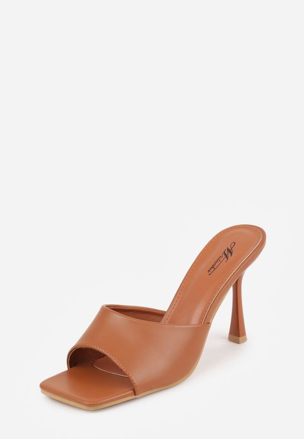 Renee - Jasnobrązowe Klapki na Szpilce z Kwadratowym Noskiem Peep Toe Avenata. Okazja: na co dzień, na randkę. Nosek buta: otwarty. Kolor: brązowy. Materiał: jeans, skóra, koronka. Obcas: na szpilce. Styl: casual