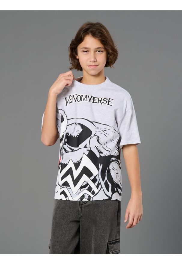 Sinsay - Bawełniana koszulka z krótkim rękawem Venom - szary. Kolor: szary. Materiał: bawełna. Długość rękawa: krótki rękaw. Długość: krótkie. Wzór: nadruk