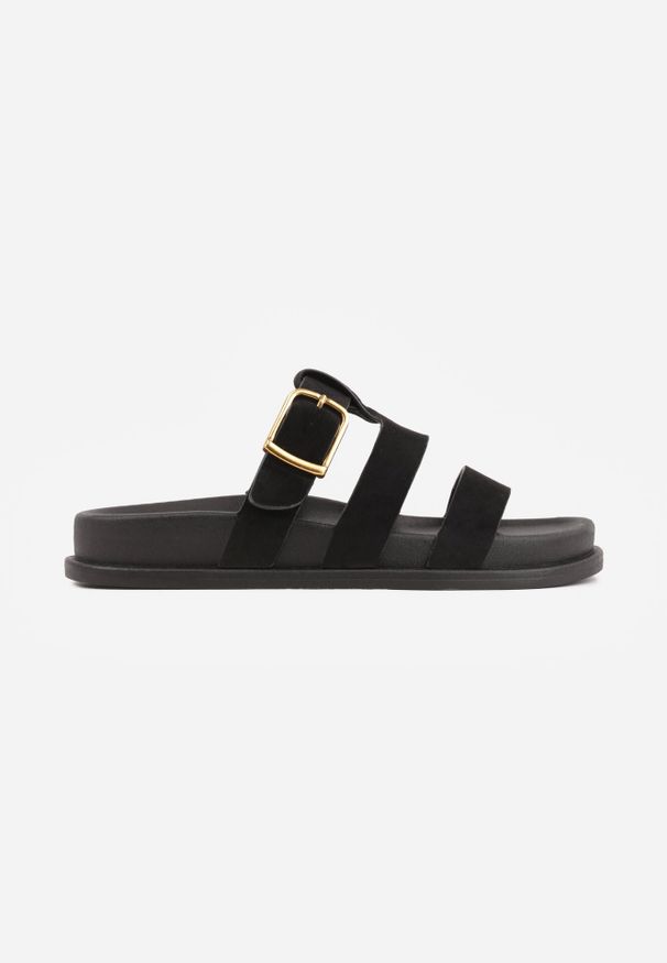 Born2be - Czarne Klapki z Geometryczną Cholewką i Klamrą z Boku Endrita. Okazja: na co dzień. Kolor: czarny. Materiał: jeans, len, zamsz. Wzór: geometria. Sezon: lato. Styl: klasyczny, casual