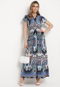 Born2be - Niebieska Sukienka Maxi w Stylu Boho z Elastycznej Wiskozy Arnevia. Okazja: na co dzień. Kolor: niebieski. Materiał: wiskoza. Typ sukienki: proste. Styl: boho. Długość: maxi #7