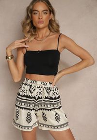 Renee - Czarno-Kremowe Wiskozowe Szorty High Waist ze Wzorem Boho Lunadora. Okazja: na co dzień. Stan: podwyższony. Kolor: czarny. Materiał: wiskoza. Sezon: lato. Styl: boho