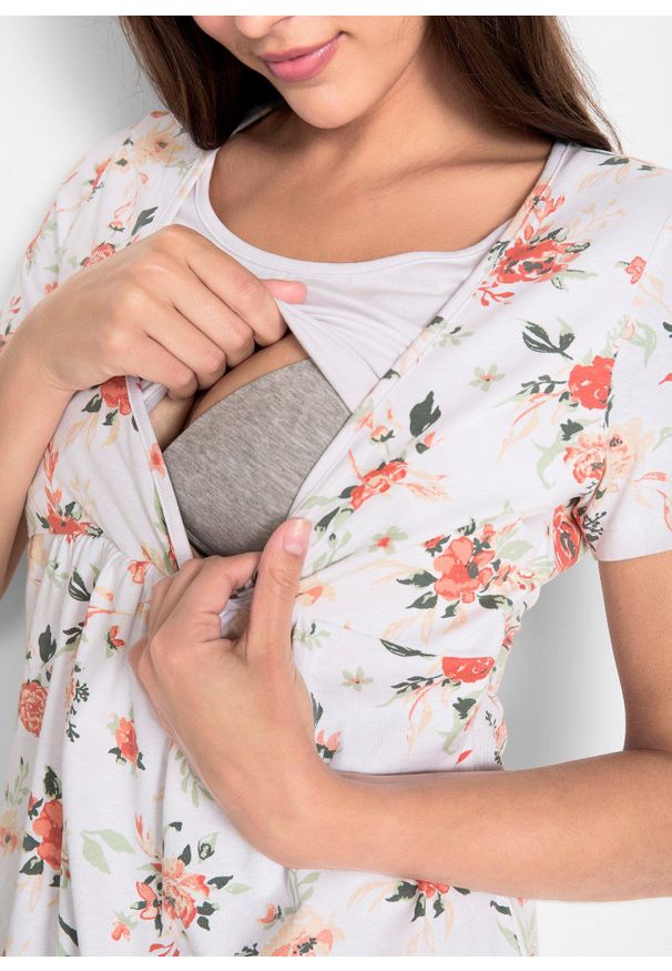 bonprix - Shirt 2 w 1 ciążowy i do karmienia piersią, z bawełny organicznej. Kolekcja: moda ciążowa. Kolor: biały. Materiał: bawełna, materiał. Wzór: gładki, kwiaty