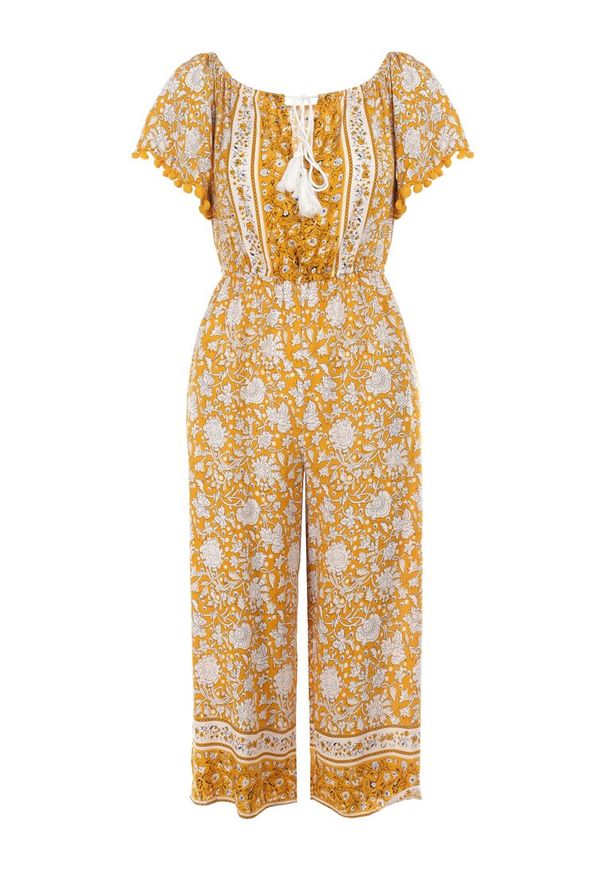 Born2be - Żółty Kombinezon Hesonia. Kolor: żółty. Długość rękawa: krótki rękaw. Długość: krótkie. Wzór: ażurowy, kwiaty, aplikacja. Styl: boho, wakacyjny