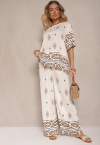 Renee - Beżowy Komplet w Stylu Boho Bluzka z Krótkim Rękawem i Luźne Spodnie Divorine. Kolor: beżowy. Materiał: materiał #2