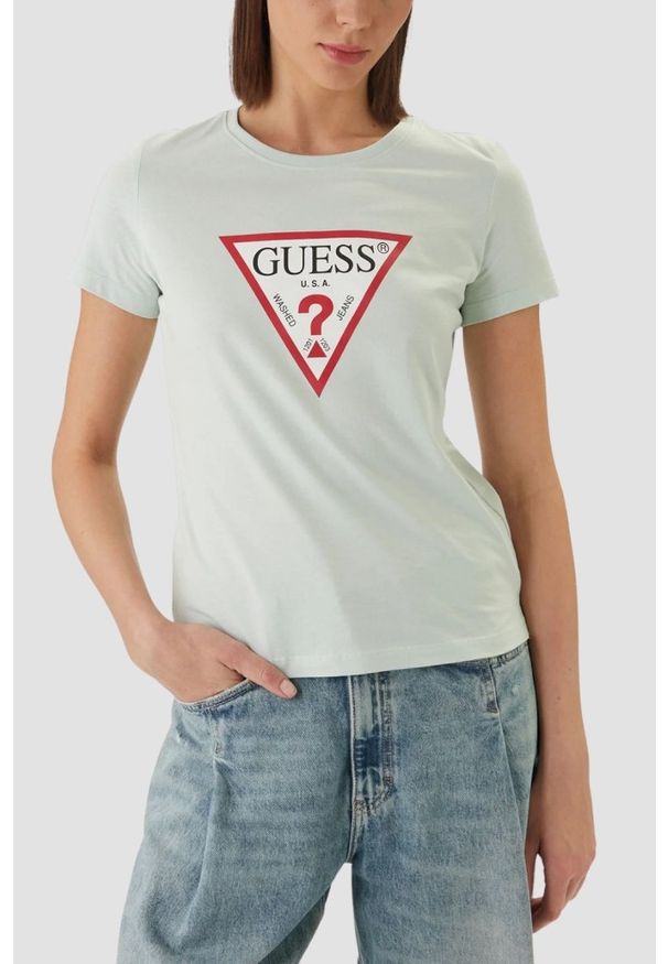 Guess - GUESS Miętowy bawełniany t-shirt damski na krótki rękaw Original, Rozmiar XS. Okazja: na co dzień. Kolor: zielony. Materiał: bawełna. Długość rękawa: krótki rękaw. Długość: krótkie. Styl: casual, klasyczny