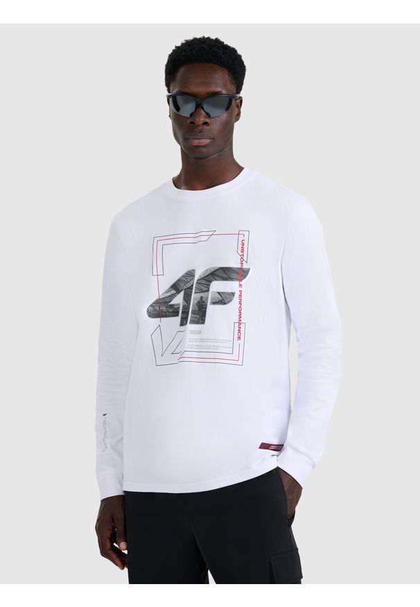 4f - 4F Longsleeve regular z nadrukiem męski - biały S. Kolor: biały. Materiał: materiał, bawełna. Długość rękawa: długi rękaw. Długość: długie. Wzór: nadruk