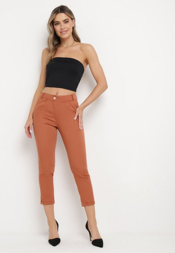 Born2be - Brązowe Spodnie z Regularną Talią i Gumką w Pasie Suirelle. Kolor: brązowy. Styl: elegancki