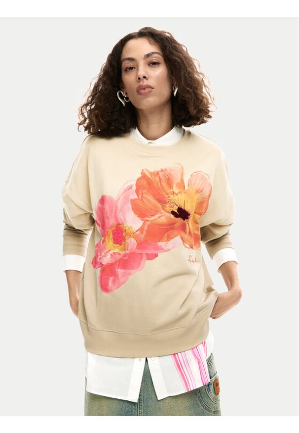 Desigual Bluza Noah 26SWSK05 Beżowy Regular Fit. Kolor: beżowy. Materiał: bawełna