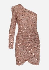 Born2be - Ciemnobeżowa Sukienka Asymetryczna Cekinowa Ary. Kolor: beżowy. Typ sukienki: asymetryczne. Styl: elegancki #4