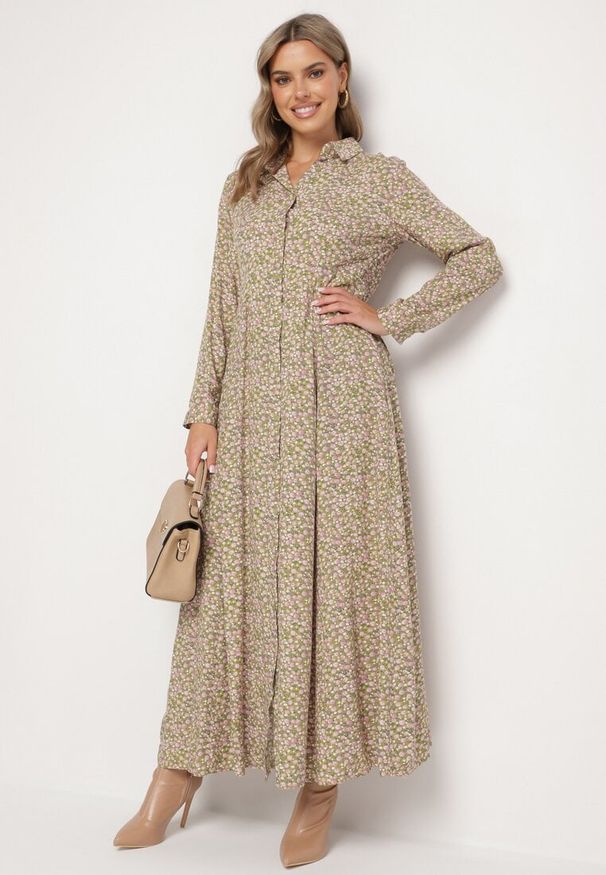 Born2be - Zielono-Beżowa Sukienka Perippe. Kolor: zielony. Wzór: kwiaty, nadruk, aplikacja, kolorowy. Typ sukienki: rozkloszowane, koszulowe. Długość: maxi