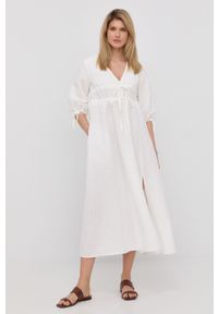 Liviana Conti sukienka lniana kolor biały midi rozkloszowana. Kolor: biały. Materiał: len. Typ sukienki: rozkloszowane. Długość: midi