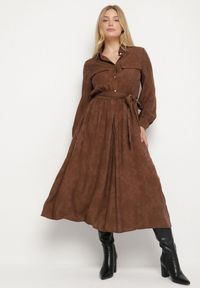 Born2be - Brązowa Rozkloszowana Sukienka Koszulowa z Wiskozy z Wiązanym Paskiem Isodira. Okazja: na co dzień. Kolor: brązowy. Materiał: wiskoza. Długość rękawa: długi rękaw. Wzór: haft. Typ sukienki: koszulowe. Styl: casual, klasyczny #3