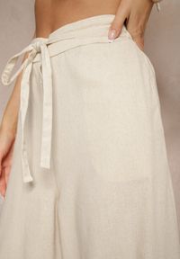 Renee - Beżowe Bawełniane Spodnie o Szerokim Kroju High Waist Ściągane Troczkiem Virselia. Okazja: na co dzień. Stan: podwyższony. Kolor: beżowy. Materiał: bawełna. Styl: sportowy, casual, elegancki #5