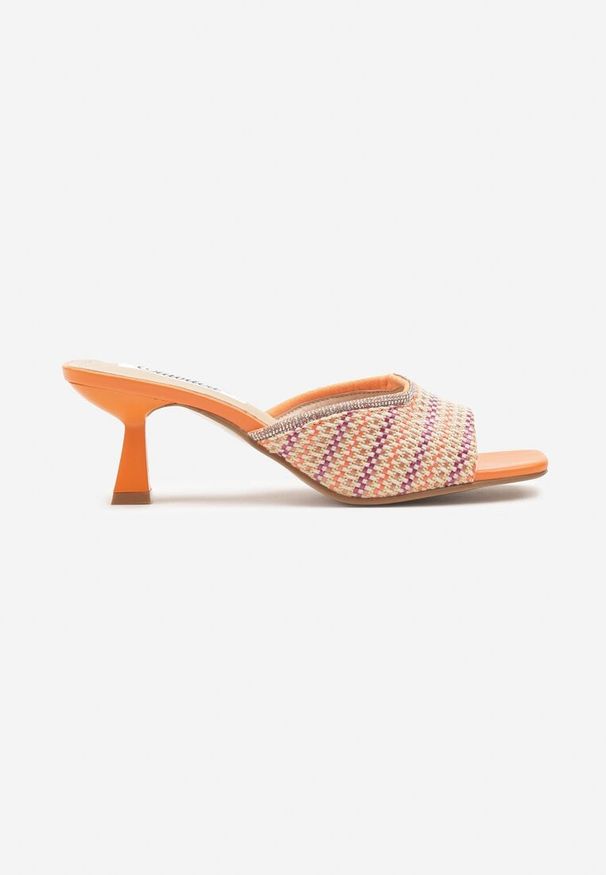 Renee - Pomarańczowe Eleganckie Klapki na Obcasie Kaczuszka z Plecionym Paskiem Annalora. Okazja: na spacer, na co dzień. Kolor: pomarańczowy. Sezon: lato. Obcas: na obcasie. Styl: elegancki. Wysokość obcasa: niski