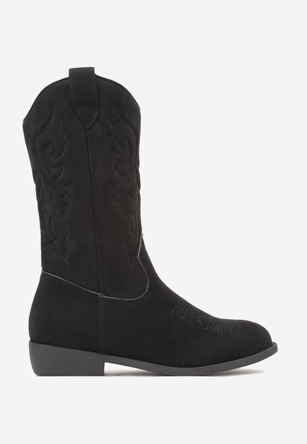 Born2be - Czarne Kozaki Kowbojki na Płaskiej Podeszwie Ozdobione Tłoczeniem Niathalie. Okazja: na uczelnię. Kolor: czarny. Materiał: jeans. Wzór: aplikacja. Styl: klasyczny, młodzieżowy