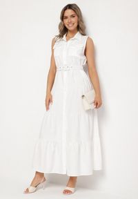 Born2be - Biała Koszulowa Sukienka Ozdobiona Paskiem Mavorelle. Okazja: na co dzień. Kolor: biały. Wzór: aplikacja. Typ sukienki: koszulowe. Styl: casual, elegancki