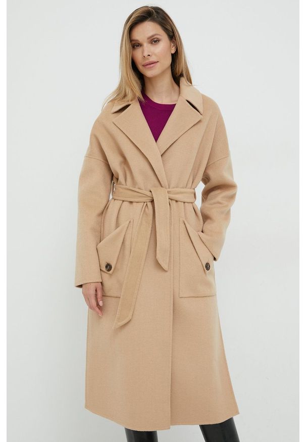 Silvian Heach płaszcz wełniany kolor beżowy przejściowy oversize. Kolor: beżowy. Materiał: wełna