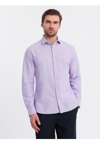 Ombre Clothing - Bawełniana męska pastelowa koszula typu oxford – lawendowa V2. Kolor: fioletowy. Materiał: bawełna. Wzór: aplikacja, ze splotem. Styl: klasyczny, elegancki #12