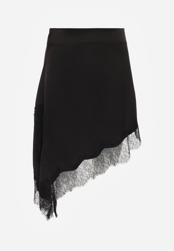 Renee - Czarna Asymetryczna Spódnica z Satyny Zdobiona Koronką Katarva. Okazja: na co dzień, na imprezę. Kolor: czarny. Materiał: satyna, koronka. Wzór: aplikacja, koronka. Styl: casual, elegancki