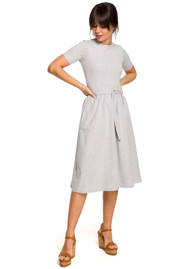 MOE - Szara Lekko Rozkloszowana Sukienka z Krótkim Rękawem. Kolor: szary. Materiał: bawełna, elastan. Długość rękawa: krótki rękaw