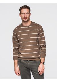 Ombre Clothing - Męski sweter casualowy w poziome paski – brązowy V3 - Rozmiar: L. Okazja: na co dzień. Kolor: brązowy. Materiał: materiał, nylon, włókno, bawełna. Wzór: paski. Styl: casual