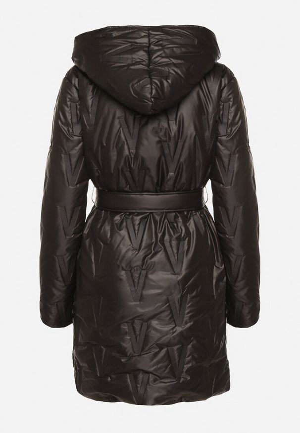 Born2be - Czarna Kurtka z Pikowanymi Przeszyciami Kapturem i Wiązanym Paskiem Erlexie. Okazja: na spacer, na co dzień, na spotkanie biznesowe, do pracy. Kolor: czarny. Materiał: dzianina, jeans. Styl: casual, biznesowy, klasyczny