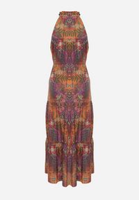 Born2be - Pomarańczowa Taliowana Sukienka w Kwiaty z Gumką w Pasie i Wiązaniem przy Szyi Lusaria. Okazja: na co dzień. Kolor: pomarańczowy. Materiał: skóra. Długość rękawa: bez rękawów. Wzór: kwiaty. Sezon: wiosna, lato. Styl: boho, casual, elegancki #5