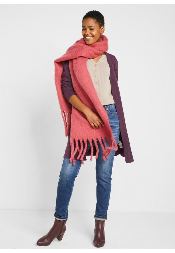 bonprix - Długi sweter dzianinowy bez zapięcia, długi rękaw. Kolor: fioletowy. Materiał: dzianina. Długość rękawa: długi rękaw. Długość: długie