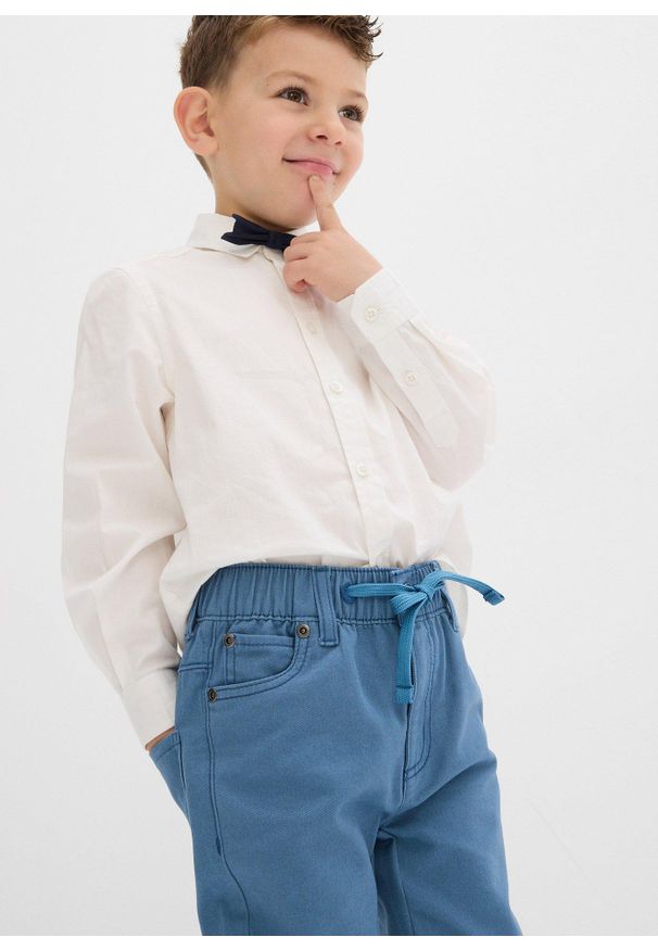 bonprix - Bawełniane spodnie z gumką w talii regular fit, prosta nogawka. Kolor: niebieski. Materiał: bawełna