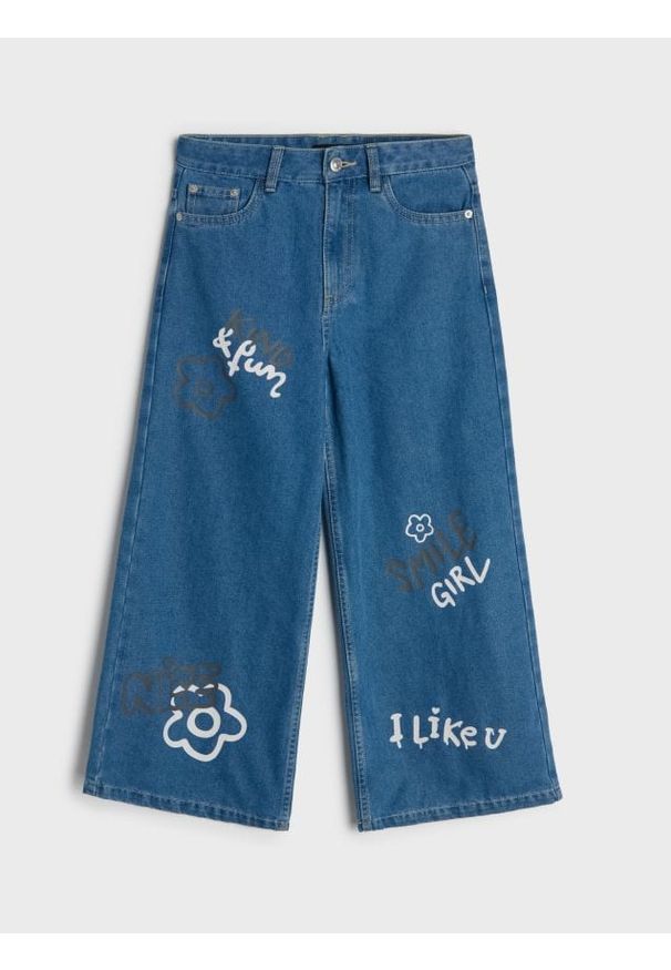 Sinsay - Bawełniane jeansy wide leg - niebieski. Kolor: niebieski