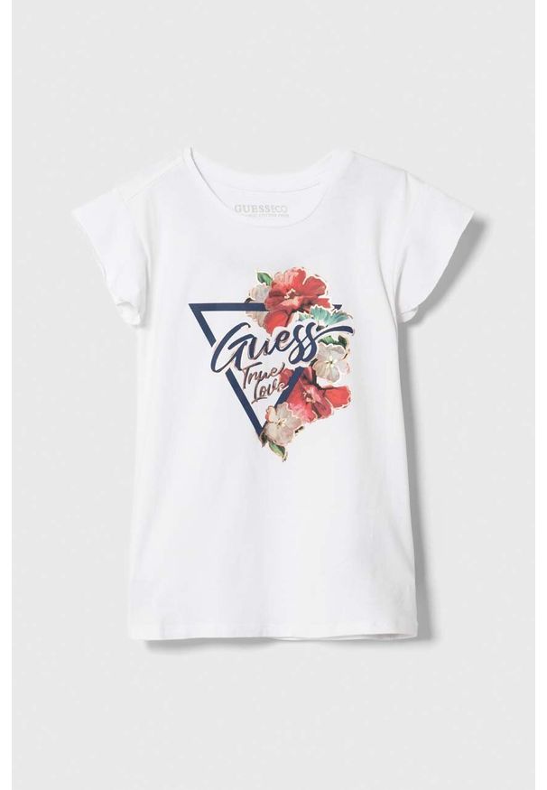 Guess t-shirt dziecięcy kolor biały. Kolor: biały. Materiał: bawełna, dzianina. Wzór: nadruk. Styl: klasyczny