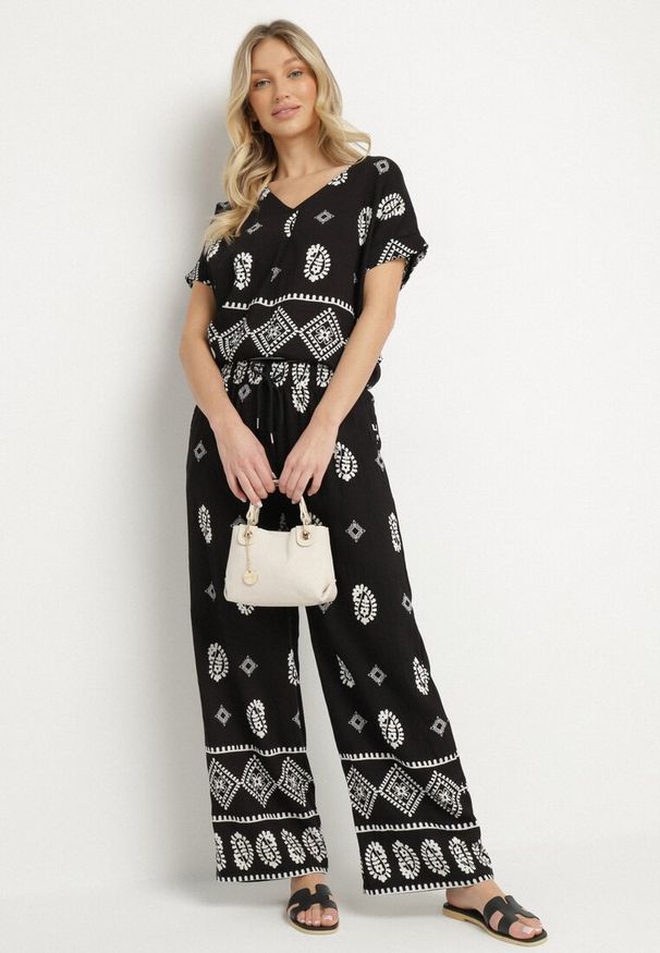 Born2be - Czarny Bawełniany Komplet Koszula i Szerokie Spodnie w Stylu Boho Ollirive. Kolor: czarny. Materiał: bawełna. Wzór: aplikacja