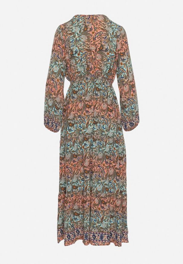 Born2be - Zielona Sukienka Rozkloszowana z Falbanką w Print Paisley Kapiss. Typ kołnierza: dekolt w kształcie V. Kolor: zielony. Długość rękawa: długi rękaw. Wzór: paisley, nadruk. Styl: klasyczny, elegancki