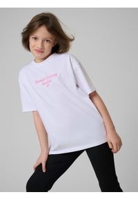 4f - 4F T-shirt loose z nadrukiem dziewczęcy - biały 146/152 (10-12 lat). Okazja: na uczelnię, na co dzień, na spacer. Kolor: biały. Materiał: materiał, bawełna, skóra, dzianina. Wzór: nadruk. Sezon: lato. Styl: casual #2