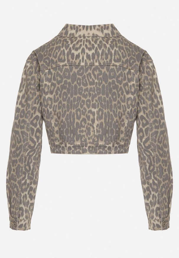 Born2be - Beżowa Bawełniana Kurtka Jeansowa w Panterkę o Krótkim Kroju Carithra. Okazja: na co dzień. Kolor: beżowy. Materiał: bawełna, jeans. Długość: krótkie. Wzór: motyw zwierzęcy. Styl: casual