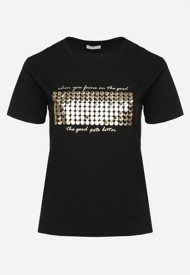 Born2be - Czarny T-shirt Bawełniany Ozdobiony Cekinami Lirenell. Okazja: do pracy, na co dzień. Kolor: czarny. Materiał: bawełna. Wzór: aplikacja. Styl: glamour, casual, klasyczny