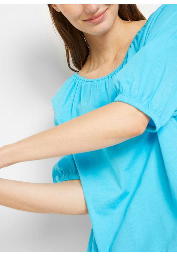 bonprix - Shirt z bawełny organicznej, krótki rękaw. Kolor: niebieski. Materiał: bawełna. Długość rękawa: krótki rękaw. Długość: krótkie