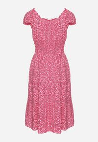 Born2be - Fuksjowa Bawełniana Sukienka w Drobne Kwiaty z Gumkami w Talii Fielita. Kolor: różowy. Materiał: bawełna. Długość rękawa: krótki rękaw. Wzór: kwiaty. Sezon: lato. Styl: elegancki #6