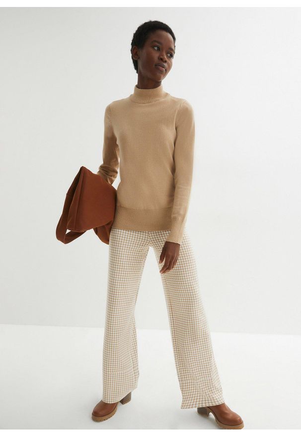 bonprix - Spodnie ze stretchem w pepitkę, WIDE. Kolor: beżowy