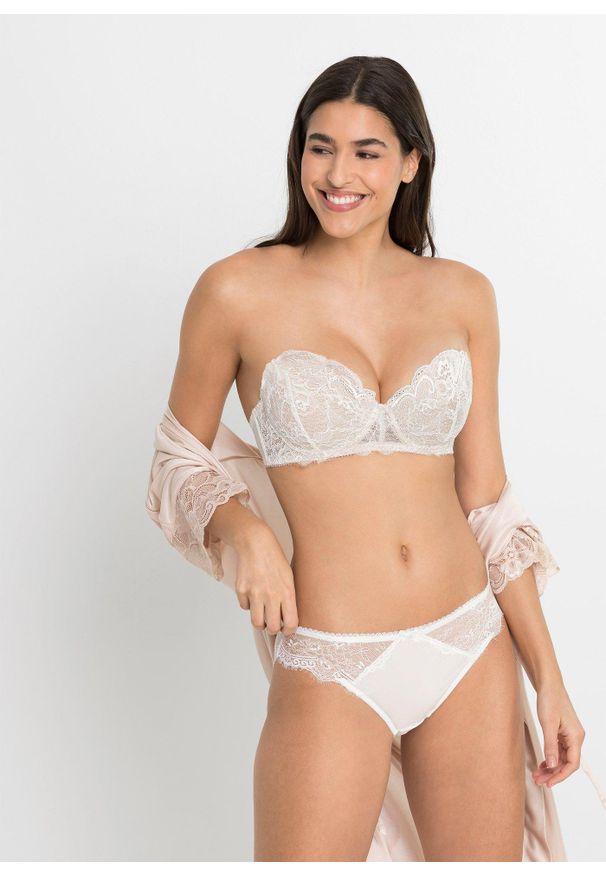 bonprix - Biustonosz balkonetka z delikatnej koronki. Kolor: biały. Materiał: koronka. Rodzaj stanika: odpinane ramiączka. Wzór: aplikacja, koronka