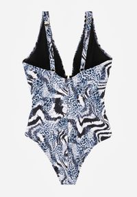 Born2be - Czarno-Niebieski Jednoczęściowy Strój Kąpielowy z Marszczeniem w Talii Pasiniassi. Kolor: czarny. Wzór: aplikacja #3
