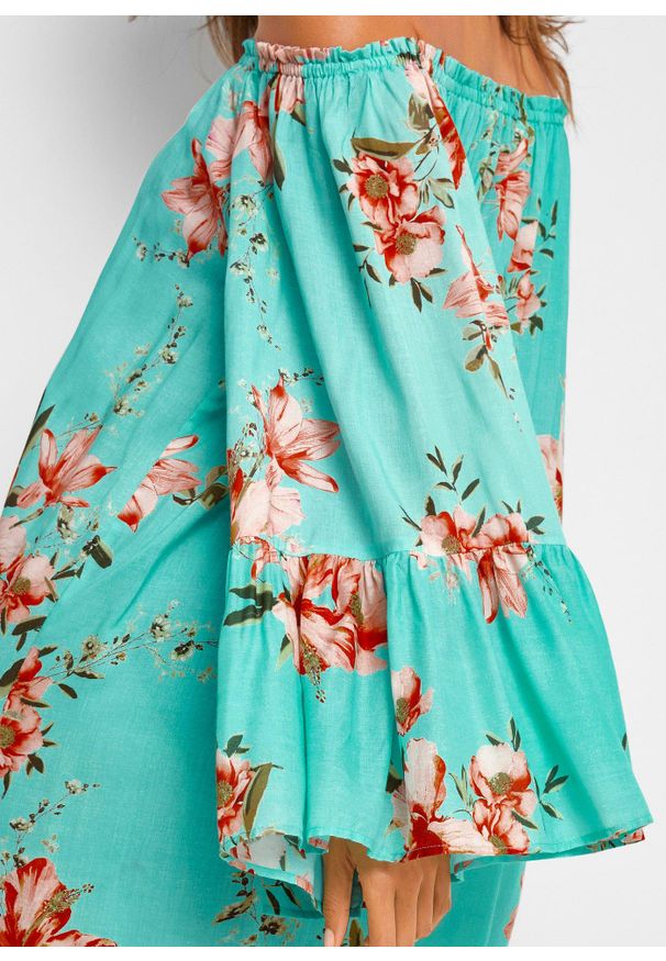 bonprix - Tunika plażowa z wiskozy. Okazja: na plażę. Typ kołnierza: typu carmen. Kolor: niebieski. Materiał: wiskoza. Styl: elegancki