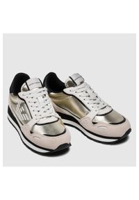 Emporio Armani - EMPORIO ARMANI Złote sneakersy damskie z białym logo. Kolor: złoty. Materiał: zamsz, materiał, skóra. Szerokość cholewki: normalna #4