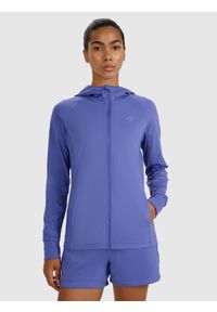 4f - 4F Bluza treningowa regular szybkoschnąca damska - granatowa S. Okazja: na co dzień. Typ kołnierza: kaptur. Kolor: niebieski. Materiał: dzianina, elastan, włókno, syntetyk, materiał. Długość rękawa: raglanowy rękaw. Wzór: gładki, ze splotem. Styl: casual, sportowy #1
