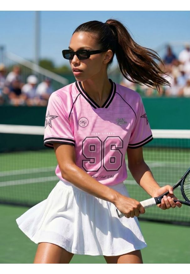 Sinsay - Koszulka typu jersey z dekoltem V - różowy. Kolor: różowy. Materiał: jersey