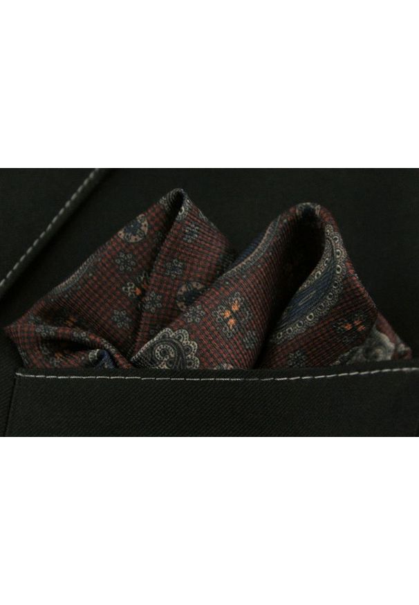 Ciemna Brązowa Męska Poszetka -EM Men's Accessories- Pasiley, Łezki. Kolor: beżowy, brązowy, wielokolorowy. Materiał: bawełna. Wzór: paisley