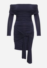 Born2be - Granatowa Sukienka o Dopasowanym Kroju Ozdobiona Marszczeniem i Wiązaniem Felirae. Okazja: na co dzień. Typ kołnierza: dekolt w łódkę. Kolor: niebieski. Wzór: aplikacja. Typ sukienki: dopasowane. Styl: casual #6