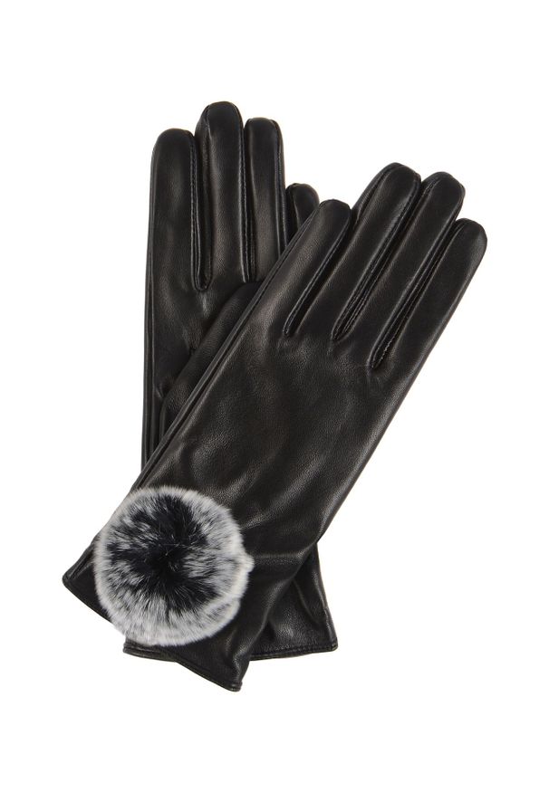 Ochnik - Skórzane rękawiczki damskie z pomponem. Kolor: czarny. Materiał: skóra. Sezon: jesień, zima